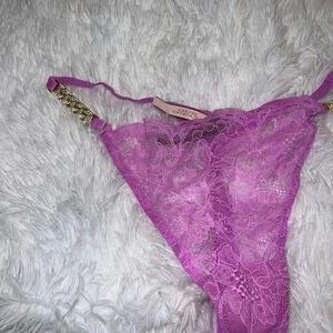 Victoria Secret Pink/ Purple Lace Thong with Rhinestone Chain Detail size XL